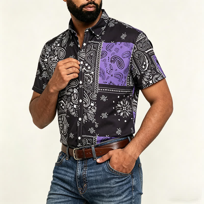 Camicia da uomo streetwear nera e viola con stampa paisley - image 3