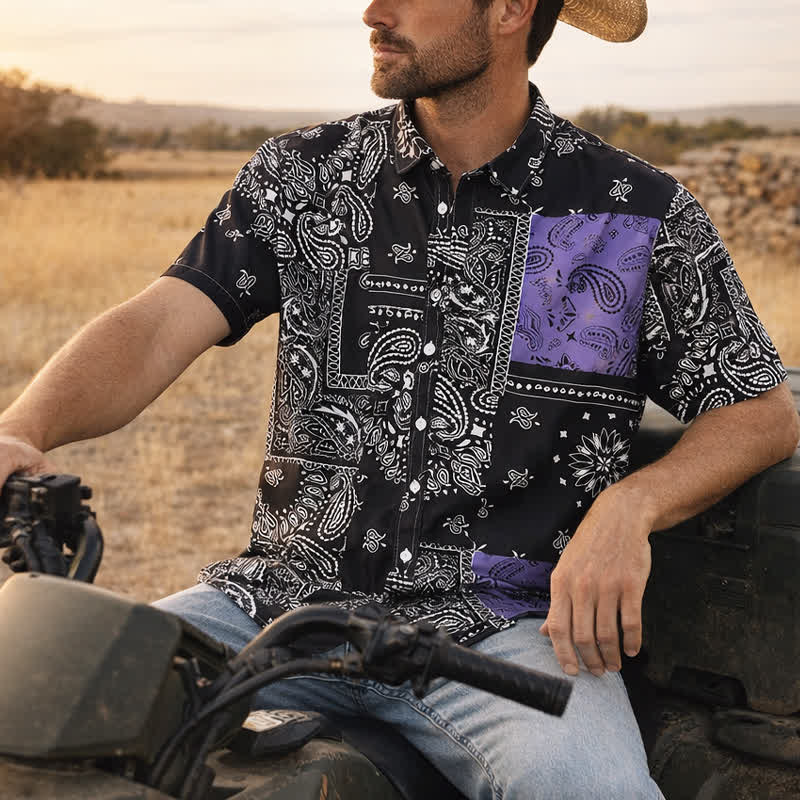 Camicia da uomo streetwear nera e viola con stampa paisley - Nero e viola - 2XL - image 0