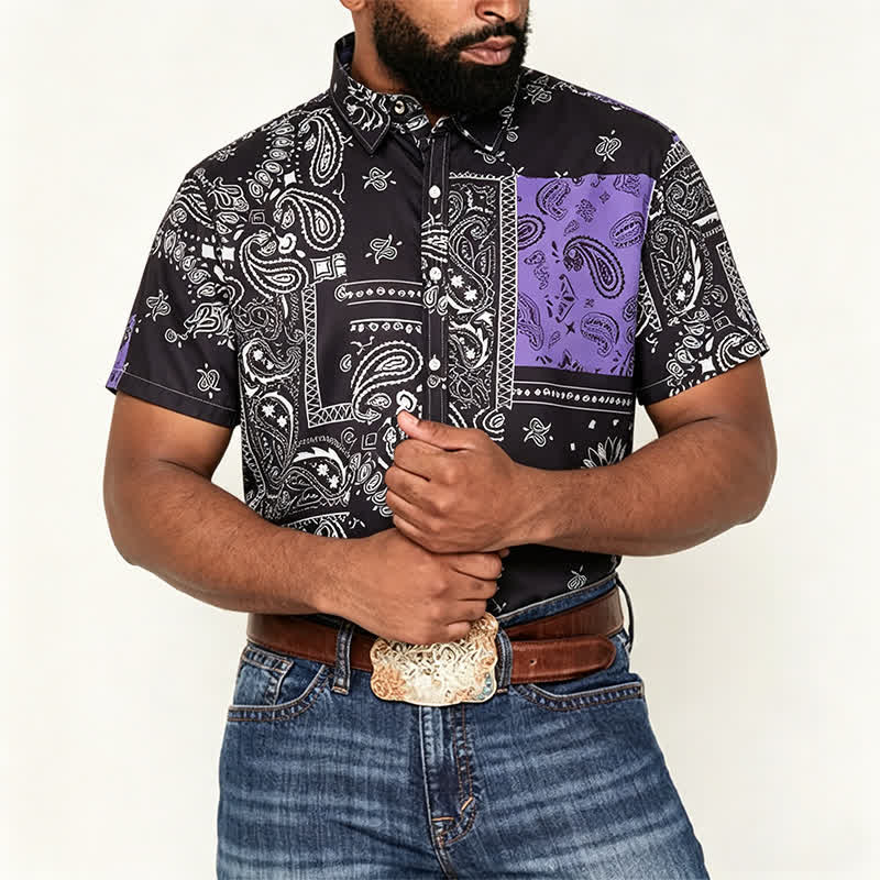 Camicia da uomo streetwear nera e viola con stampa paisley - image 1