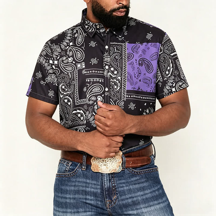 Camicia da uomo streetwear nera e viola con stampa paisley - image 1