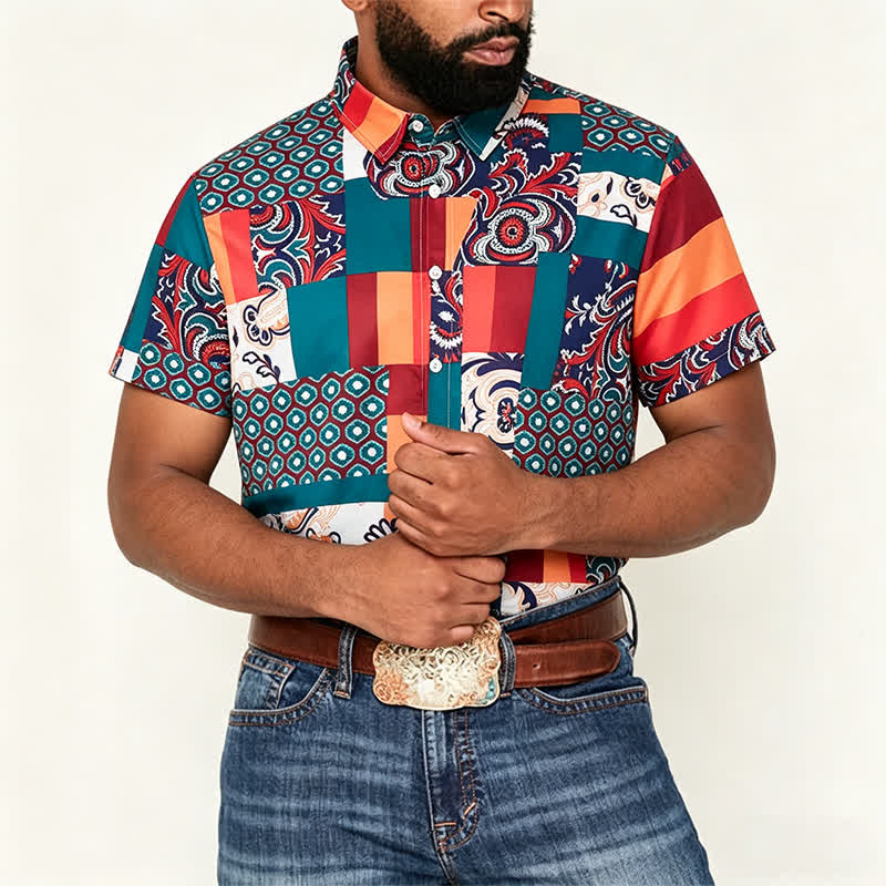Camicia da uomo verde e arancione in stile boho con stampa paisley e patchwork. - image 1