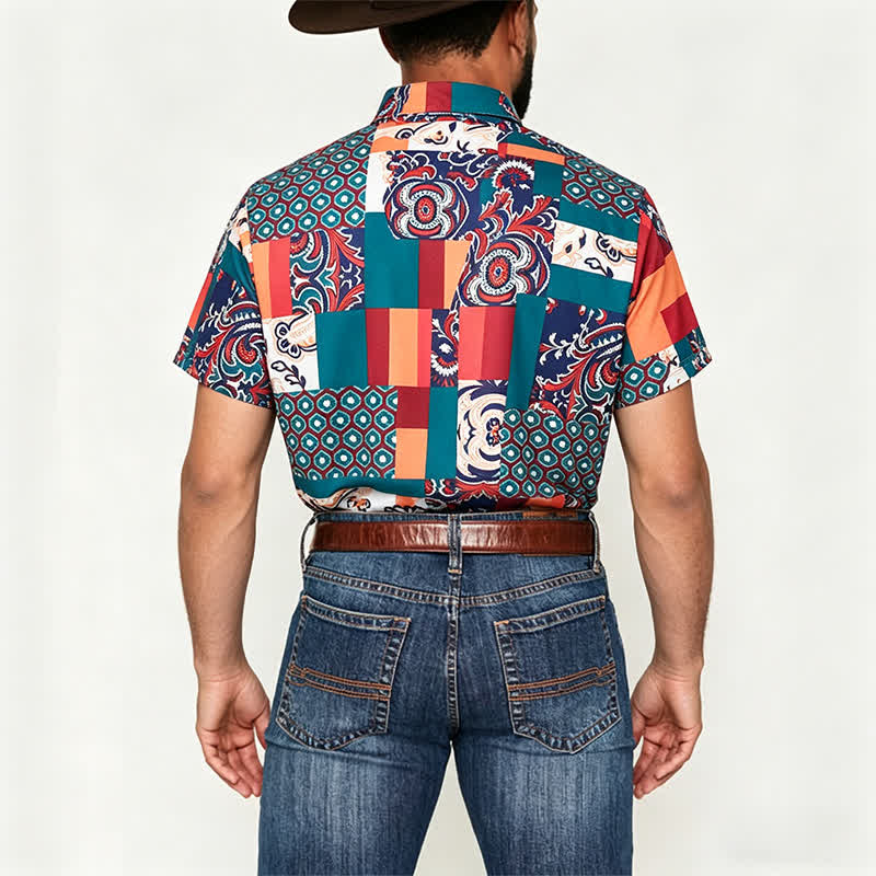 Camicia da uomo verde e arancione in stile boho con stampa paisley e patchwork. - image 2