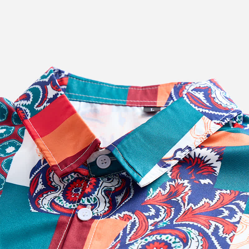 Camicia da uomo verde e arancione in stile boho con stampa paisley e patchwork. - image 4