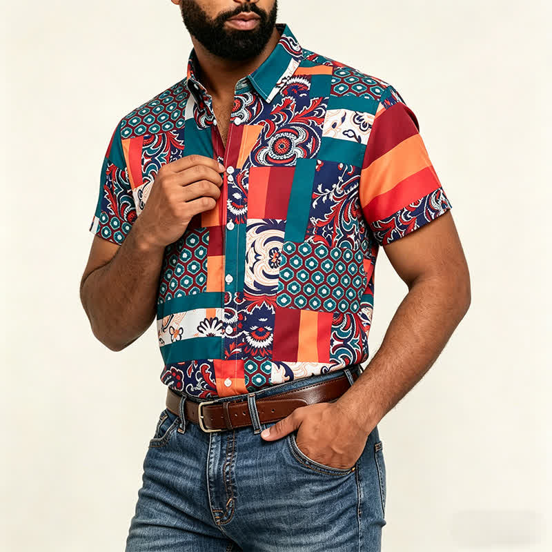 Camicia da uomo verde e arancione in stile boho con stampa paisley e patchwork. - image 3