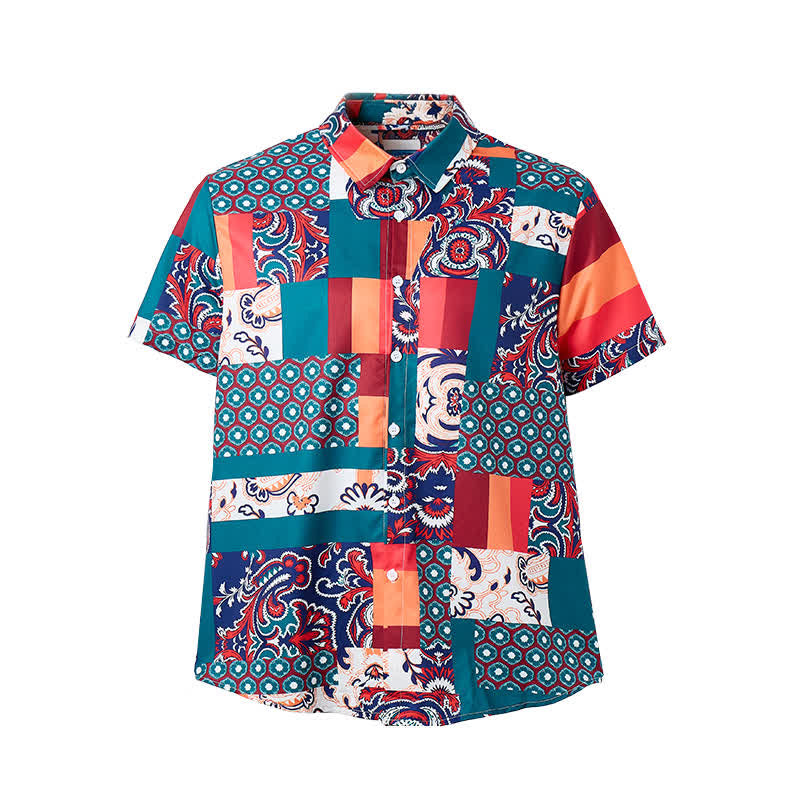 Camicia da uomo verde e arancione in stile boho con stampa paisley e patchwork. - image 8