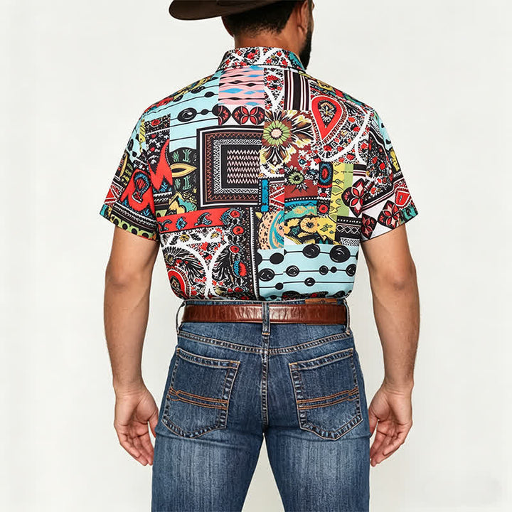 Camicia da uomo retrò etnica multicolore con stampa geometrica paisley a blocchi - image 2