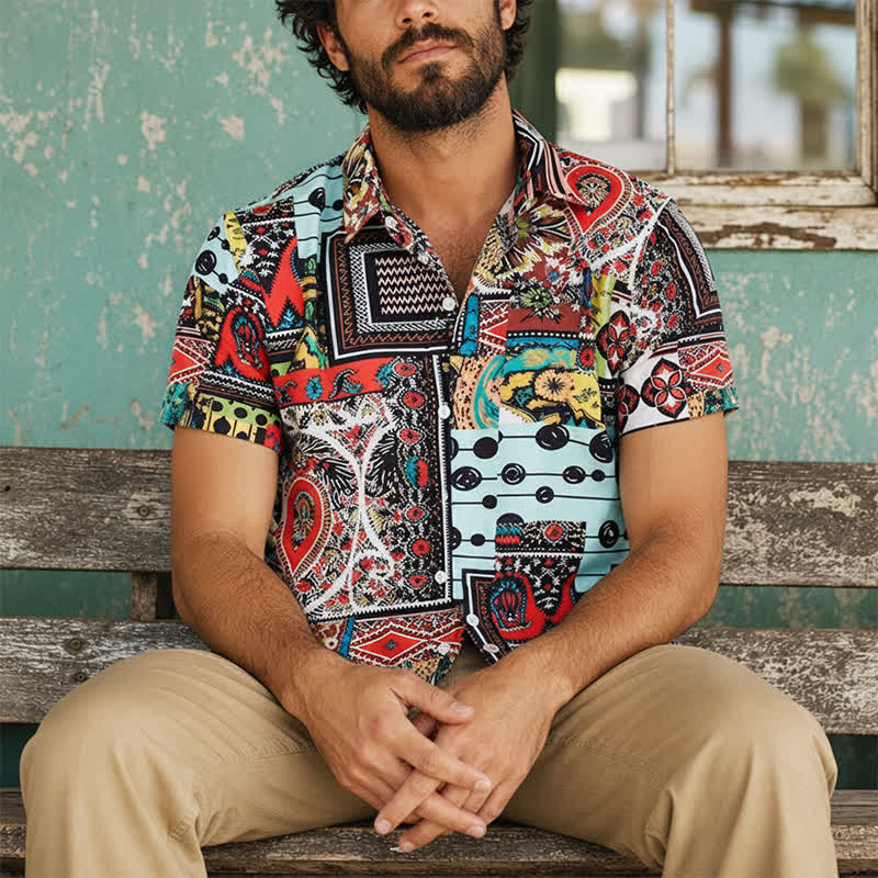 Camicia da uomo retrò etnica multicolore con stampa geometrica paisley a blocchi - Multicolore - 4XL - image 0