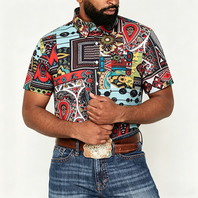 Camicia da uomo retrò etnica multicolore con stampa geometrica paisley a blocchi - image 1