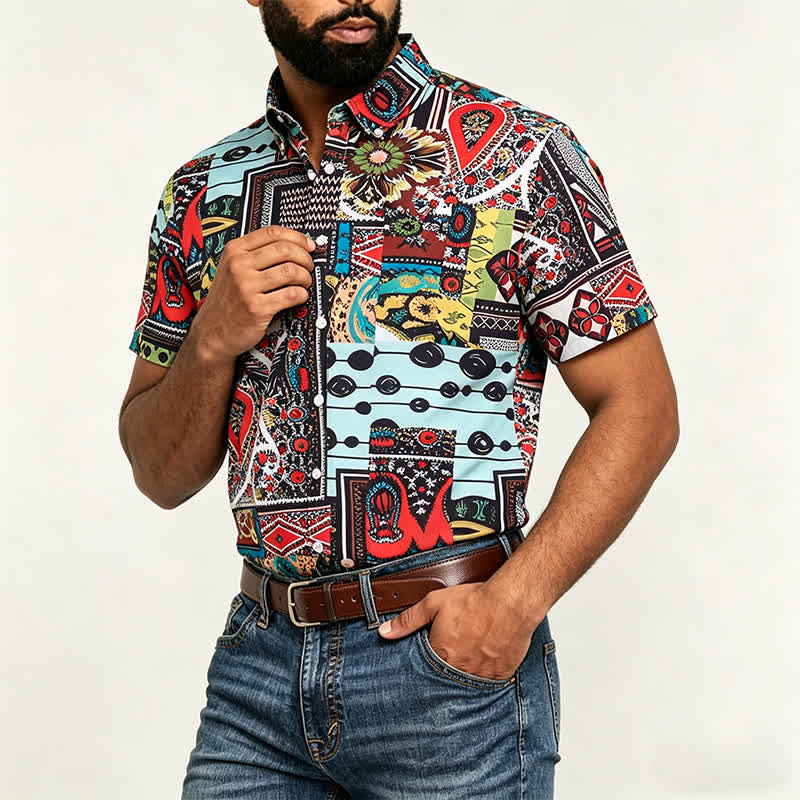 Camicia da uomo retrò etnica multicolore con stampa geometrica paisley a blocchi - image 3