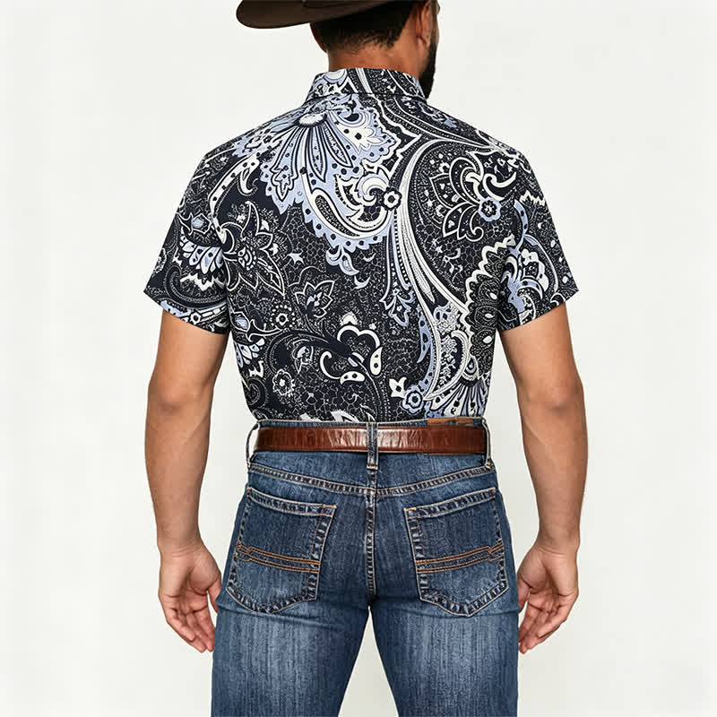 Camicia casual da uomo grigia e bianca con stampa floreale paisley - image 2