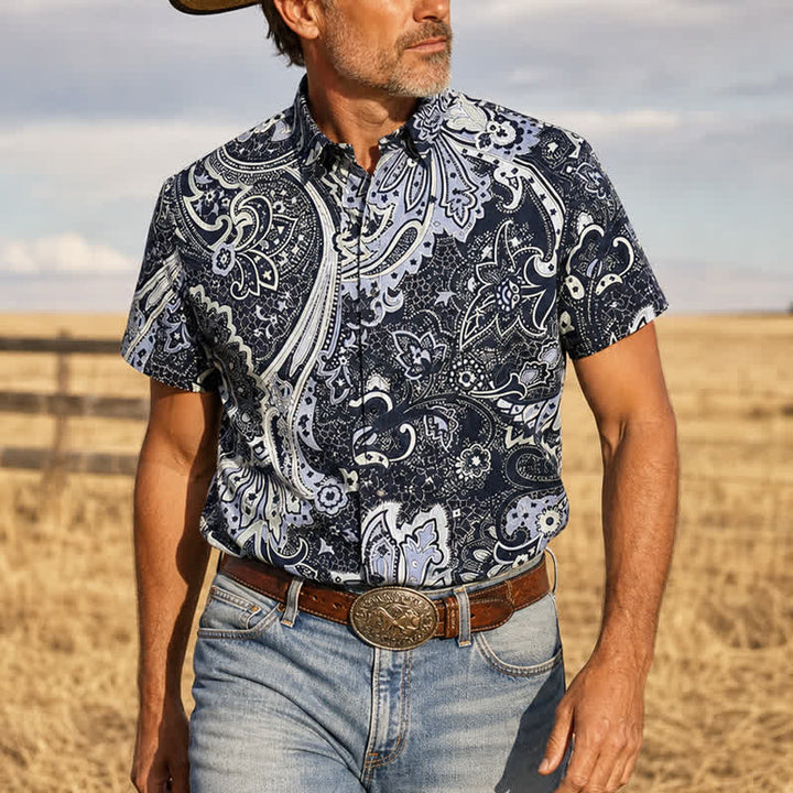 Camicia casual da uomo grigia e bianca con stampa floreale paisley - Grigio scuro - 2XL - image 0