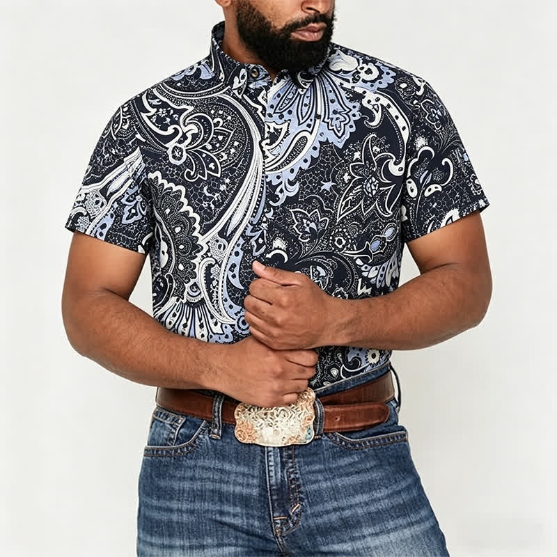 Camicia casual da uomo grigia e bianca con stampa floreale paisley - image 1