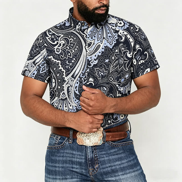 Camicia casual da uomo grigia e bianca con stampa floreale paisley - image 1