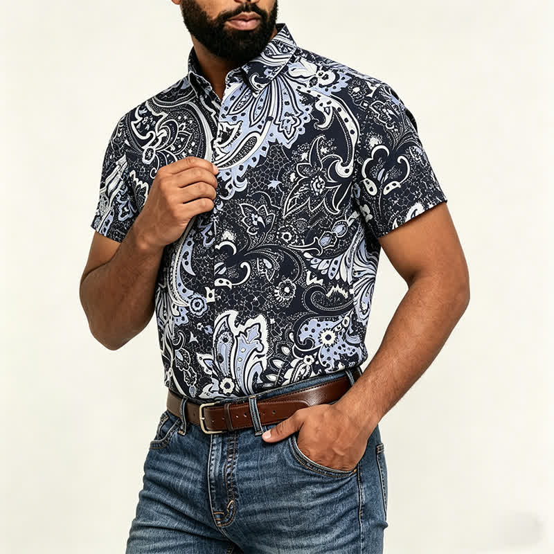 Camicia casual da uomo grigia e bianca con stampa floreale paisley - image 3