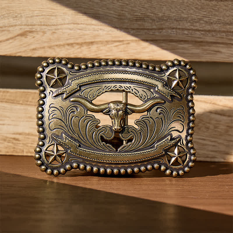 Cintura da uomo in pelle con fibbia fai-da-te a forma di stella dei Texas Longhorns, traforata. - Bronzo - Senza cintura - Cintura non inclusa - image 0