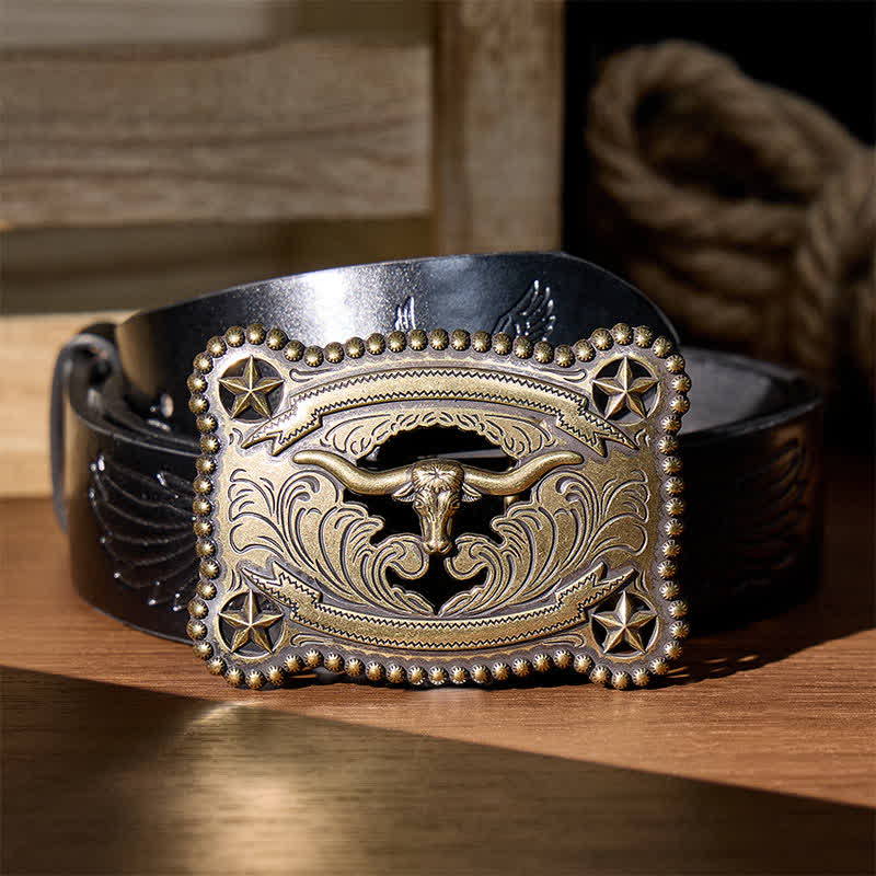 Cintura da uomo in pelle con fibbia fai-da-te a forma di stella dei Texas Longhorns, traforata. - Bronzo - Cintura nera con aquila in rilievo - 42 - image 2