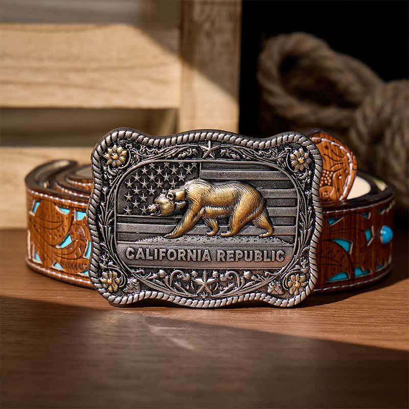 Cintura in pelle fai-da-te con fibbia western California Republic Bear - Argento - Cintura turchese intagliata - 42 - image 3