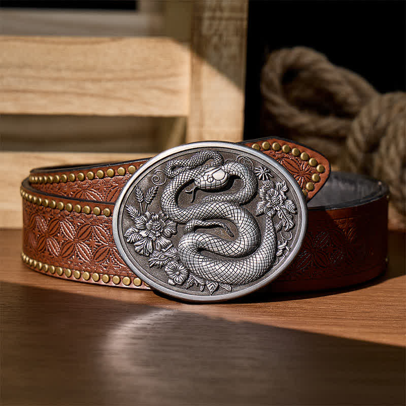 Cintura in pelle fai da te con fibbia a serpente floreale in stile dark estetic. - Argento - Cintura con rivetti marroni - 42 - image 3