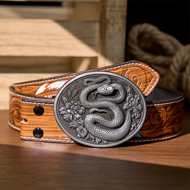Cintura in pelle fai da te con fibbia a serpente floreale in stile dark estetic. - Argento - Cintura di piume marroni - 40 - image 5
