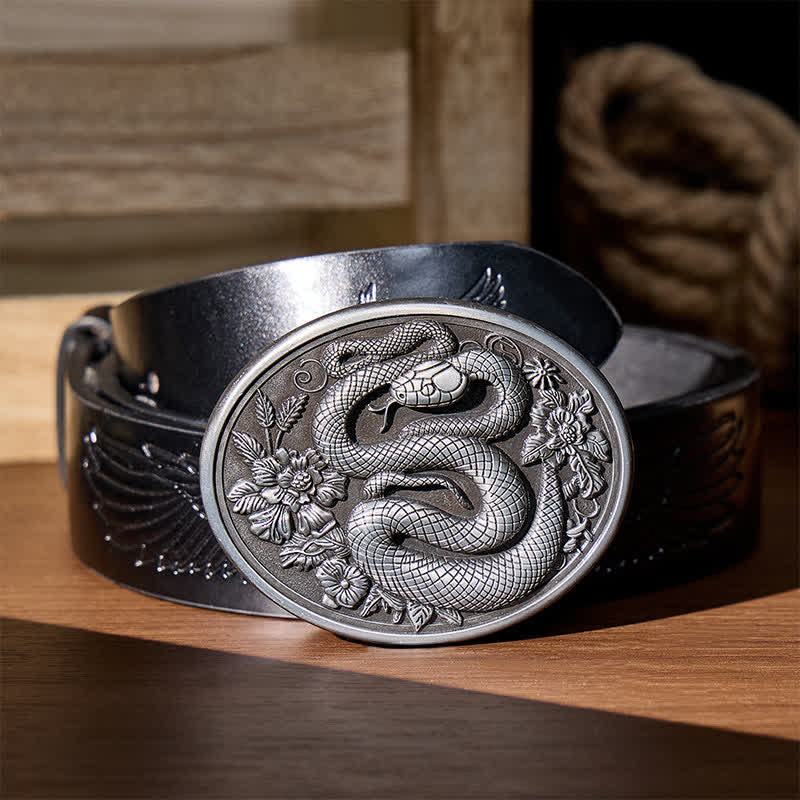 Cintura in pelle fai da te con fibbia a serpente floreale in stile dark estetic. - Argento - Cintura nera con aquila in rilievo - 42 - image 1