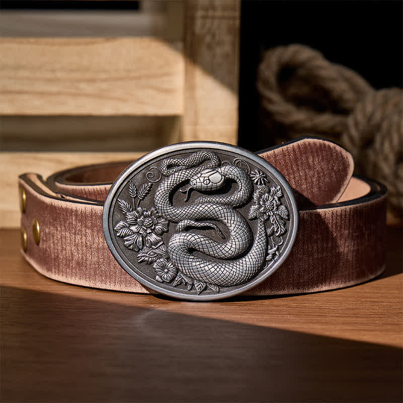 Cintura in pelle fai da te con fibbia a serpente floreale in stile dark estetic. - Argento - Cintura marrone effetto invecchiato - 42 - image 4