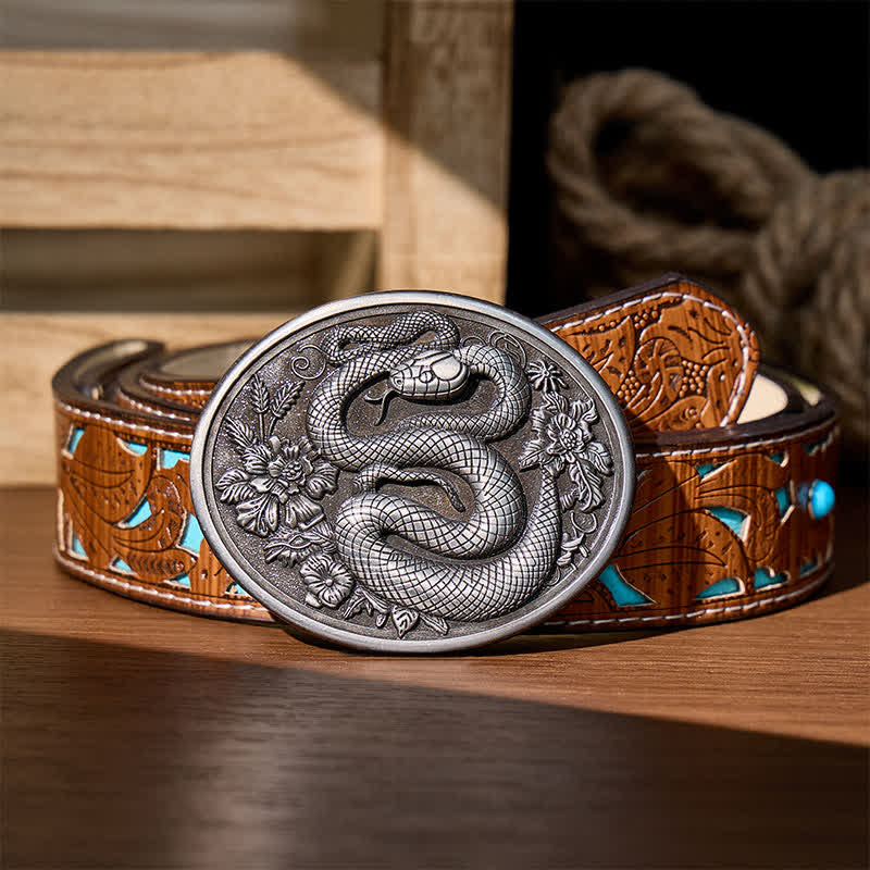 Cintura in pelle fai da te con fibbia a serpente floreale in stile dark estetic. - Argento - Cintura turchese intagliata - 42 - image 2