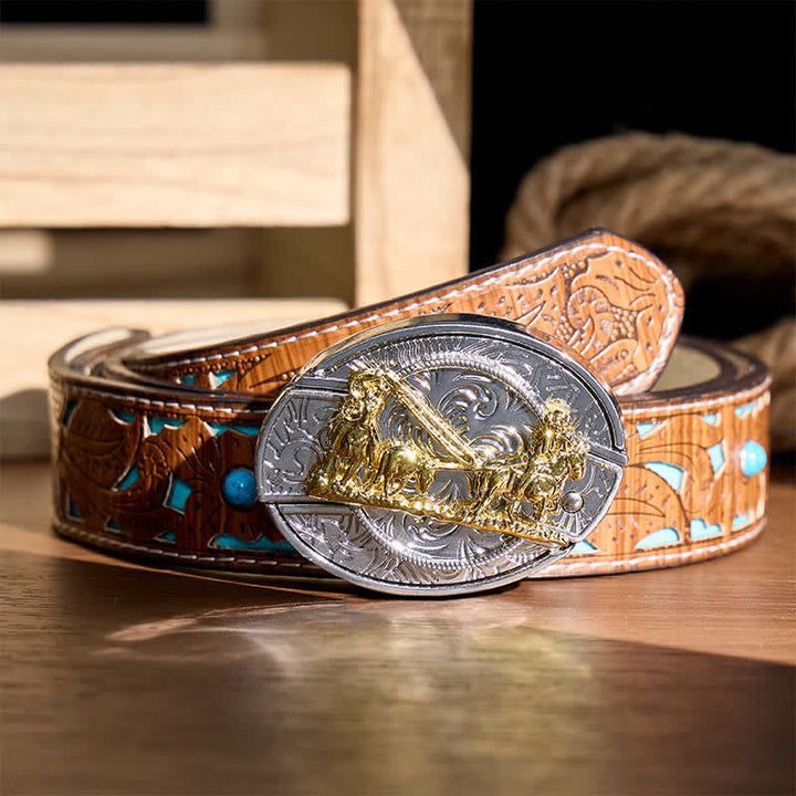 Cintura in pelle con fibbia dorata e coltello pieghevole nascosto, ideale per carrozze western fai-da-te. - Carrozza trainata da cavalli - Cintura turchese intagliata - 42 - image 3