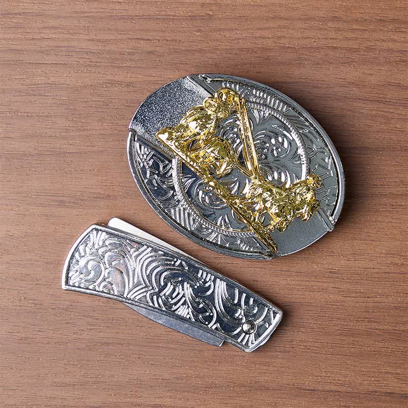 Cintura in pelle con fibbia dorata e coltello pieghevole nascosto, ideale per carrozze western fai-da-te. - image 10