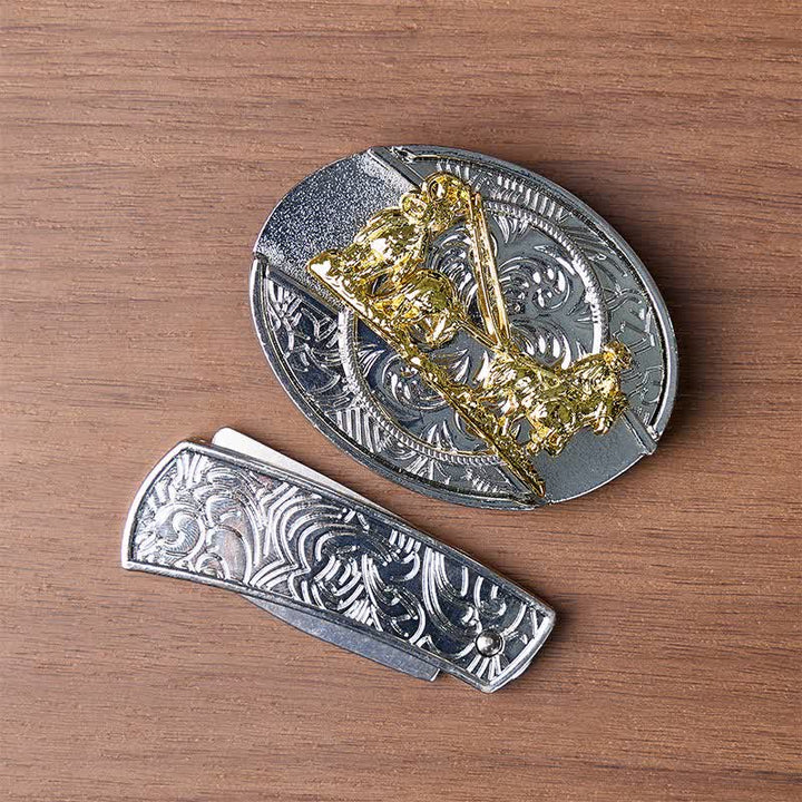 Cintura in pelle con fibbia dorata e coltello pieghevole nascosto, ideale per carrozze western fai-da-te. - image 10