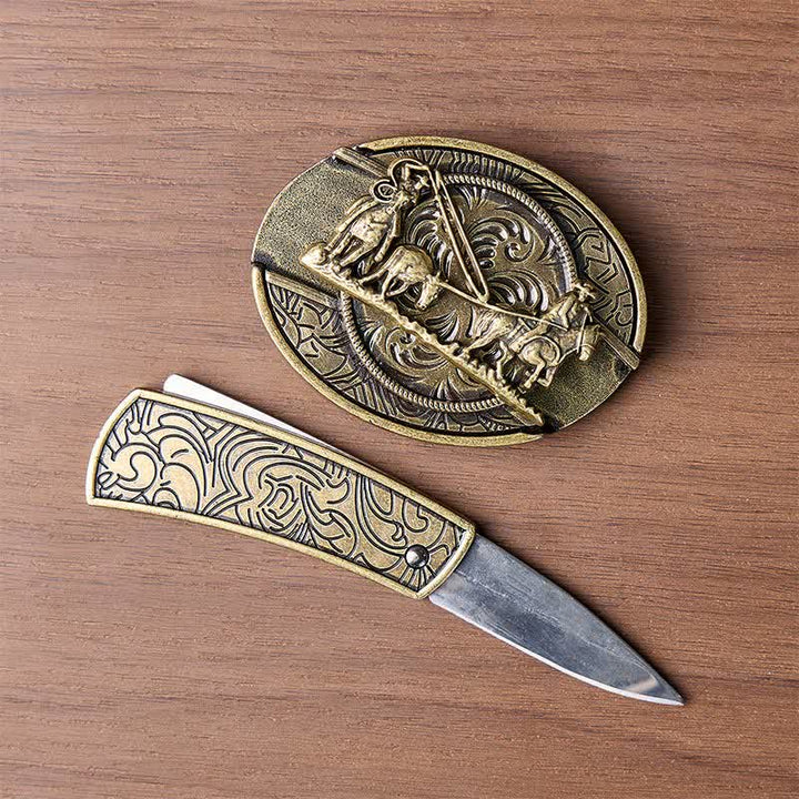 Carrozza trainata da cavalli in bronzo, coltello pieghevole nascosto fai da te, cintura in pelle con fibbia western. - image 1