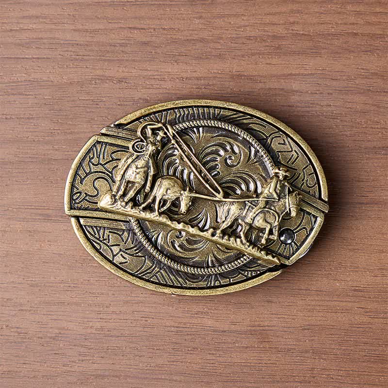 Carrozza trainata da cavalli in bronzo, coltello pieghevole nascosto fai da te, cintura in pelle con fibbia western. - image 9