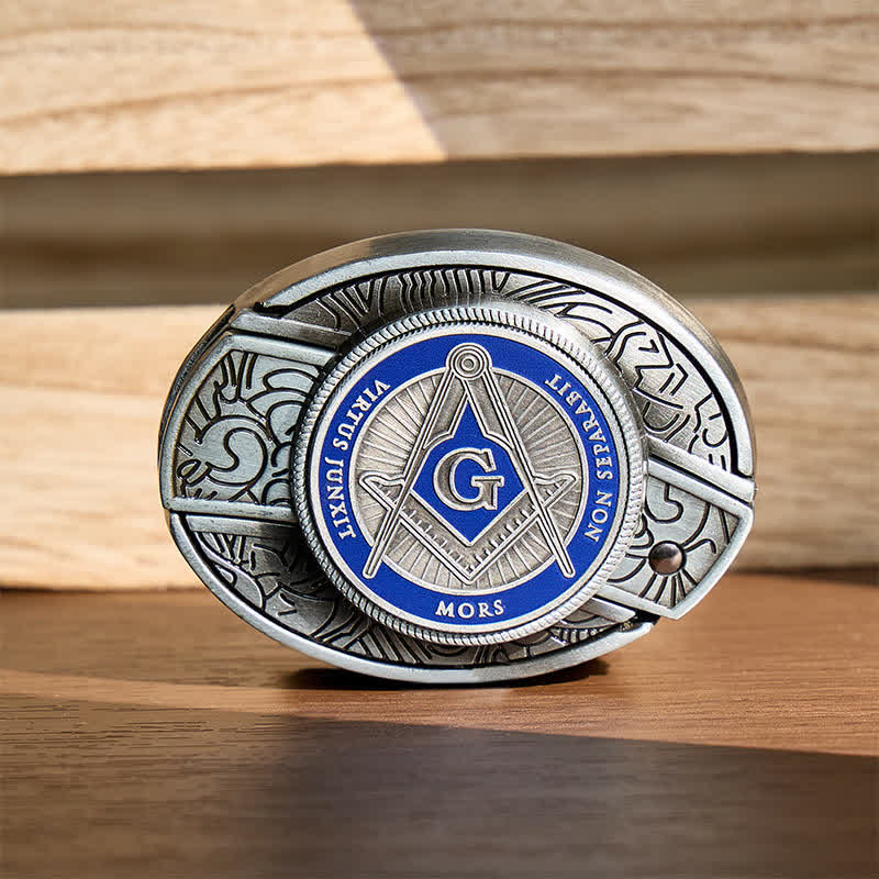 Fibbia per cintura in pelle con coltello a scomparsa e simbolo massonico in smalto blu, fai da te, con scomparto nascosto per coltello pieghevole. - Blu - Senza cintura - Cintura non inclusa - image 0
