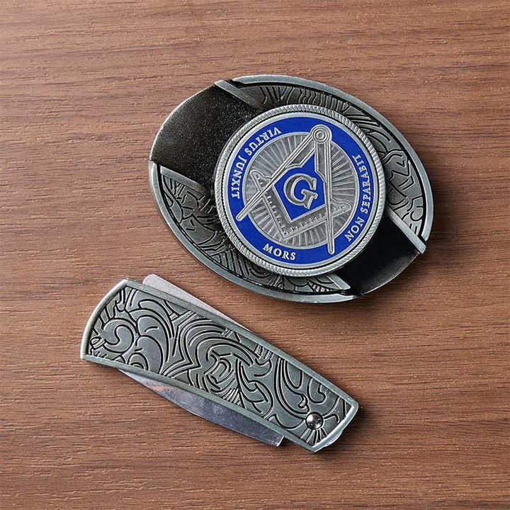 Fibbia per cintura in pelle con coltello a scomparsa e simbolo massonico in smalto blu, fai da te, con scomparto nascosto per coltello pieghevole. - image 10