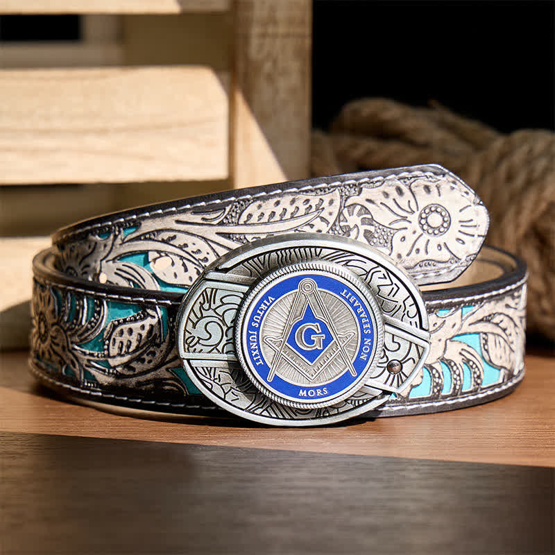 Fibbia per cintura in pelle con coltello a scomparsa e simbolo massonico in smalto blu, fai da te, con scomparto nascosto per coltello pieghevole. - Blu - Cintura grigia a fiori - 42 - image 8