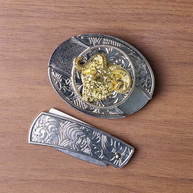 Cintura in pelle con fibbia a scomparsa fai-da-te con teschio di ariete in argento e oro e coltello pieghevole a testa nascosta. - image 10