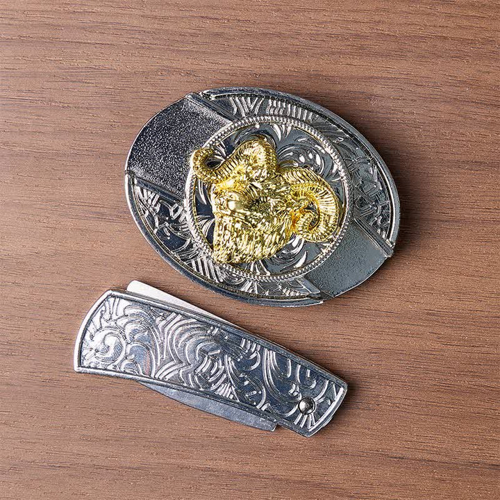 Cintura in pelle con fibbia a scomparsa fai-da-te con teschio di ariete in argento e oro e coltello pieghevole a testa nascosta. - image 10