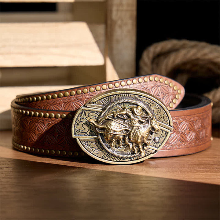 Coltello pieghevole nascosto fai-da-te da cowboy per rodeo e imbracatura, con fibbia in bronzo e cintura in pelle. - Cowboy Roping Steer - Cintura con rivetti marroni - 42 - image 4