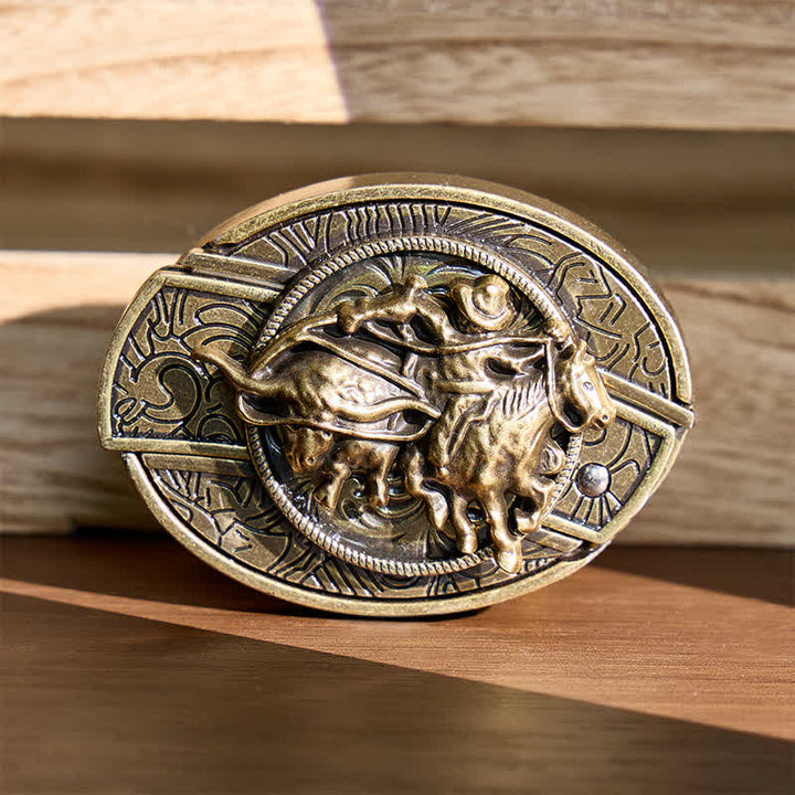 Coltello pieghevole nascosto fai-da-te da cowboy per rodeo e imbracatura, con fibbia in bronzo e cintura in pelle. - Cowboy Roping Steer - Senza cintura - Cintura non inclusa - image 0