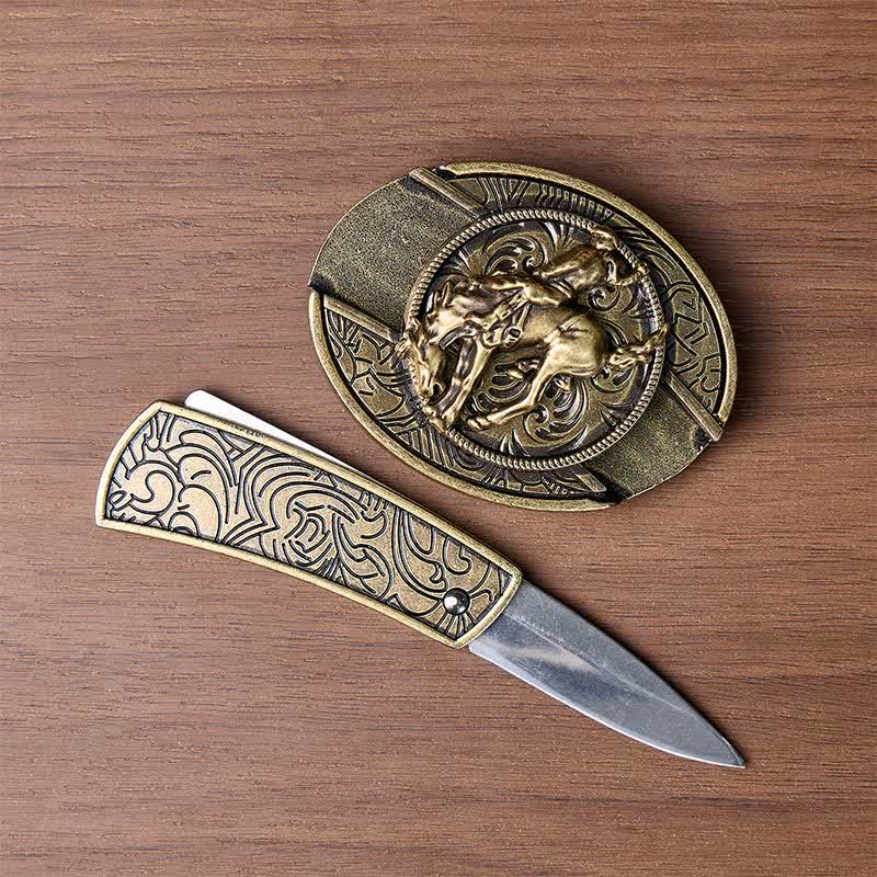 Cintura in pelle con fibbia in bronzo e coltello pieghevole nascosto, ideale per cowboy e cavalieri di rodeo western. - image 1