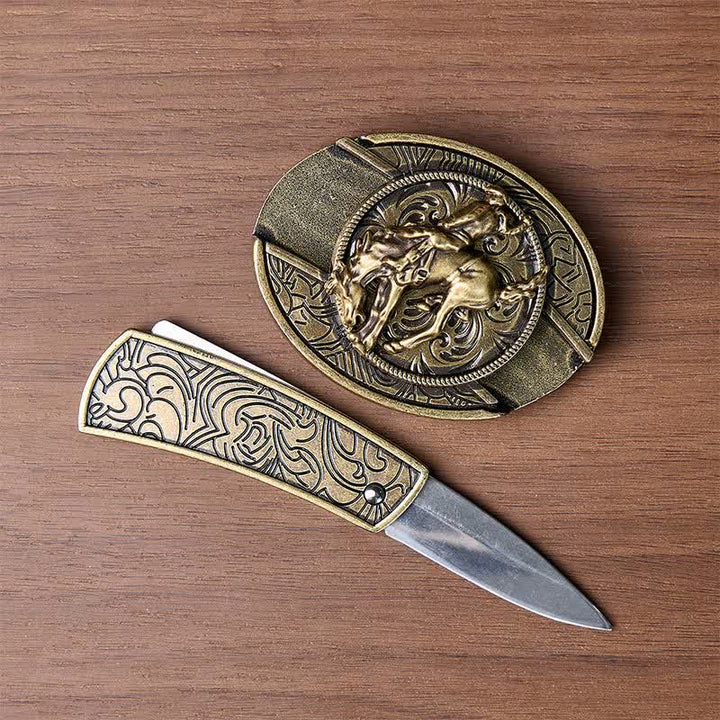 Cintura in pelle con fibbia in bronzo e coltello pieghevole nascosto, ideale per cowboy e cavalieri di rodeo western. - image 1