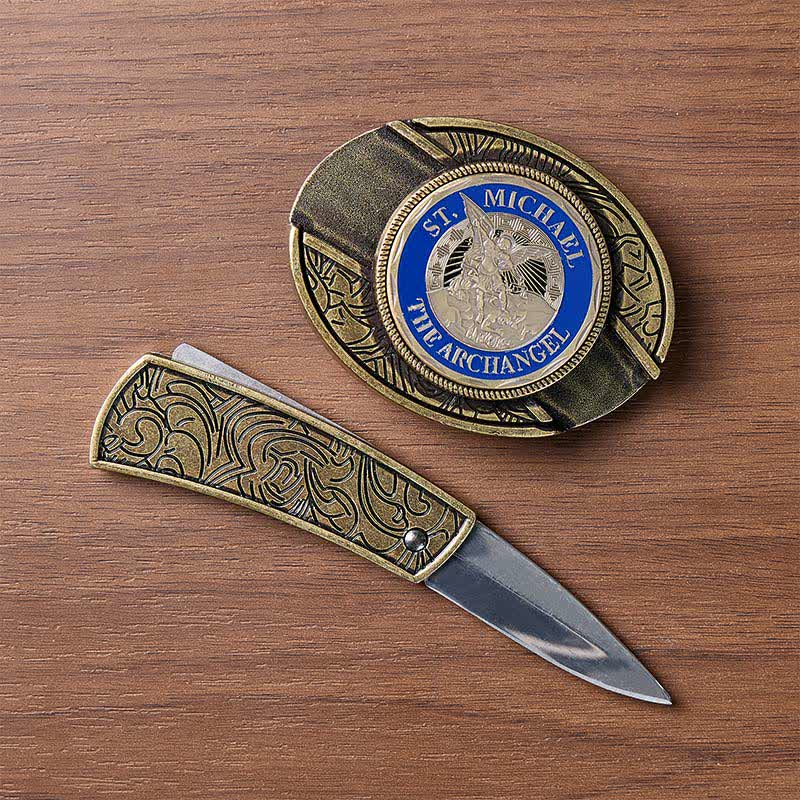 Cintura in pelle con fibbia in bronzo e coltello pieghevole nascosto fai-da-te dell'Arcangelo Michele - image 1