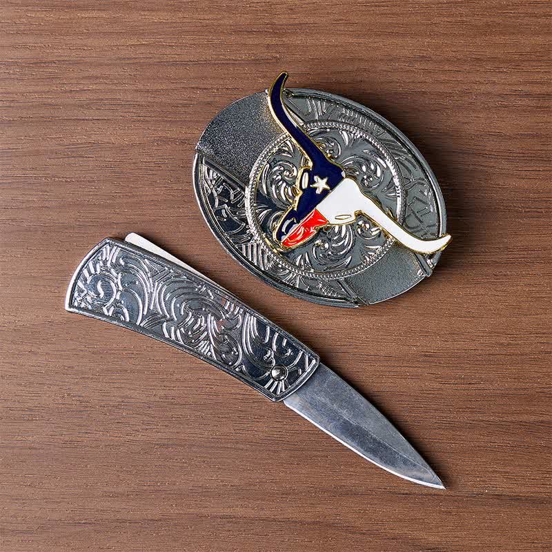 Cintura in pelle con fibbia a coltello pieghevole a scomparsa fai-da-te con bandiera dello stato del Texas e corna lunghe - image 1