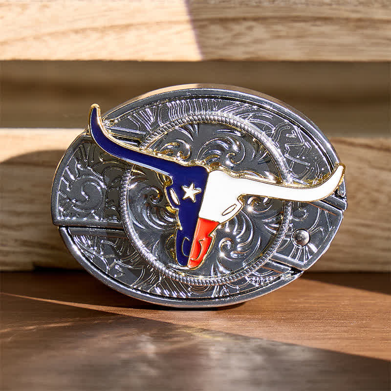 Cintura in pelle con fibbia a coltello pieghevole a scomparsa fai-da-te con bandiera dello stato del Texas e corna lunghe - Longhorn e bandiera - Senza cintura - Cintura non inclusa - image 0