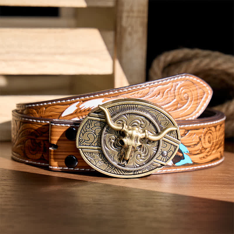 Cintura in pelle rustica West Longhorn con fibbia a coltello pieghevole nascosto fai-da-te. - Longhorn di bronzo - Cintura di piume marroni - 40 - image 6