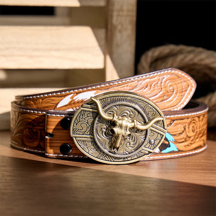 Cintura in pelle rustica West Longhorn con fibbia a coltello pieghevole nascosto fai-da-te. - Longhorn di bronzo - Cintura di piume marroni - 40 - image 6