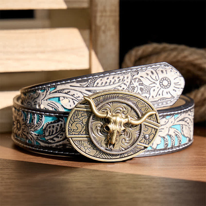 Cintura in pelle rustica West Longhorn con fibbia a coltello pieghevole nascosto fai-da-te. - Longhorn di bronzo - Cintura grigia a fiori - 42 - image 7