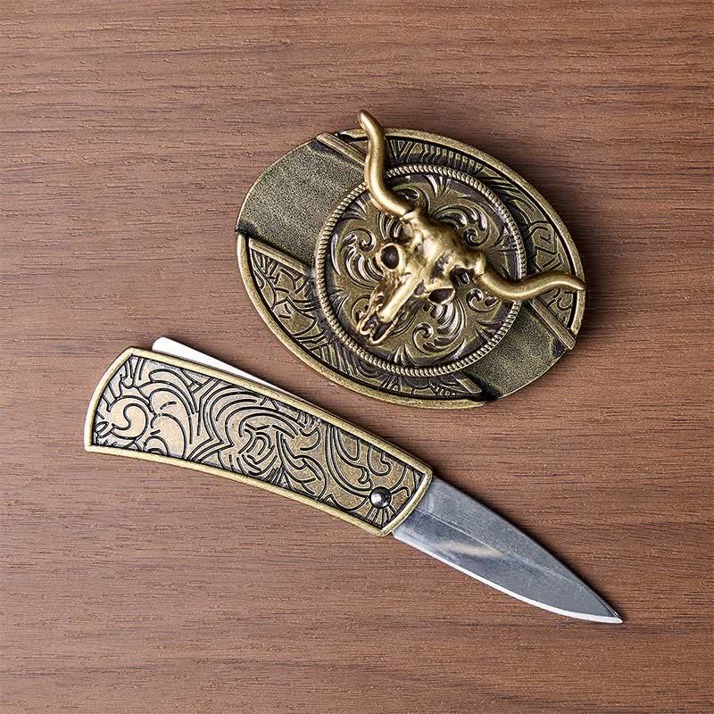 Cintura in pelle rustica West Longhorn con fibbia a coltello pieghevole nascosto fai-da-te. - image 1