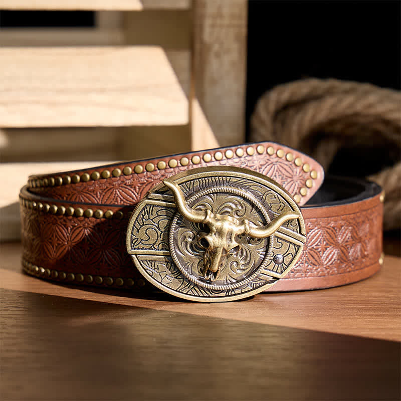 Cintura in pelle rustica West Longhorn con fibbia a coltello pieghevole nascosto fai-da-te. - Longhorn di bronzo - Cintura con rivetti marroni - 42 - image 4