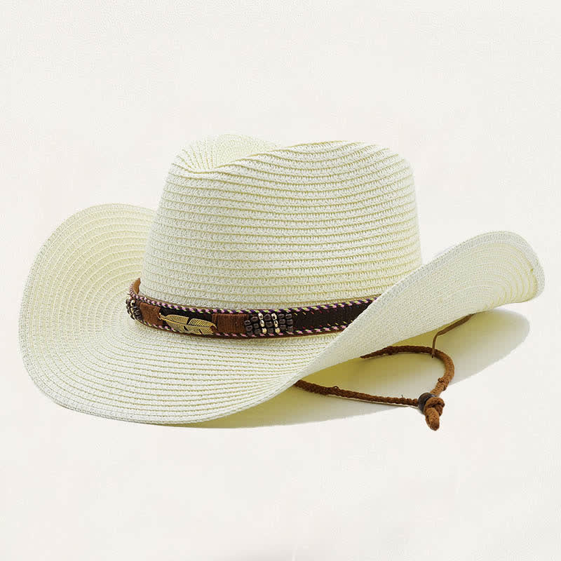 Cappello da cowboy rustico tribale in paglia con piuma e perline in metallo. - Avorio - M (22"-22 7/8") - image 6
