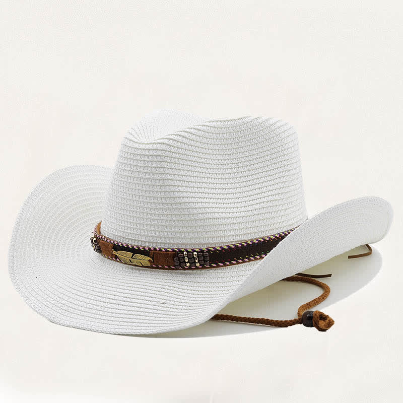 Cappello da cowboy rustico tribale in paglia con piuma e perline in metallo. - Bianco - M (22"-22 7/8") - image 7